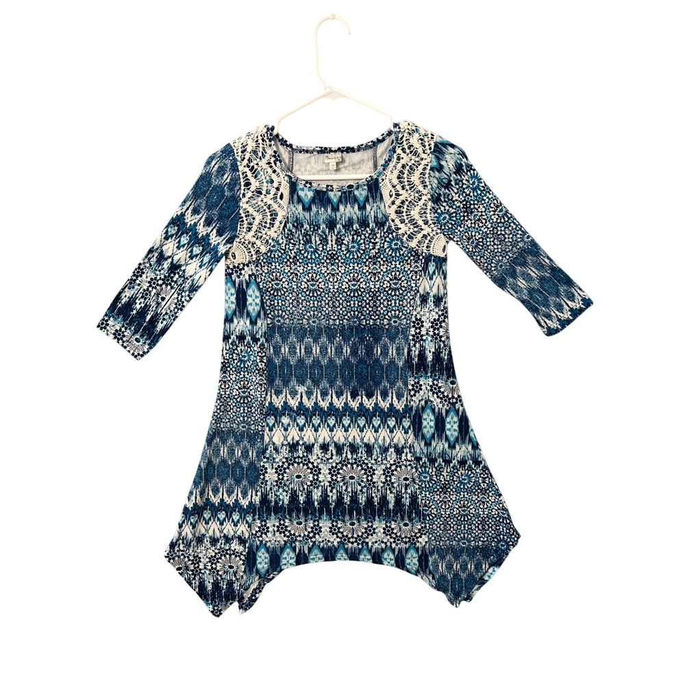 Mudd Girls Blue Ikat Crochet Lace Sharkbite Tunic Top Size 12 Boho 3/4 Sleeve